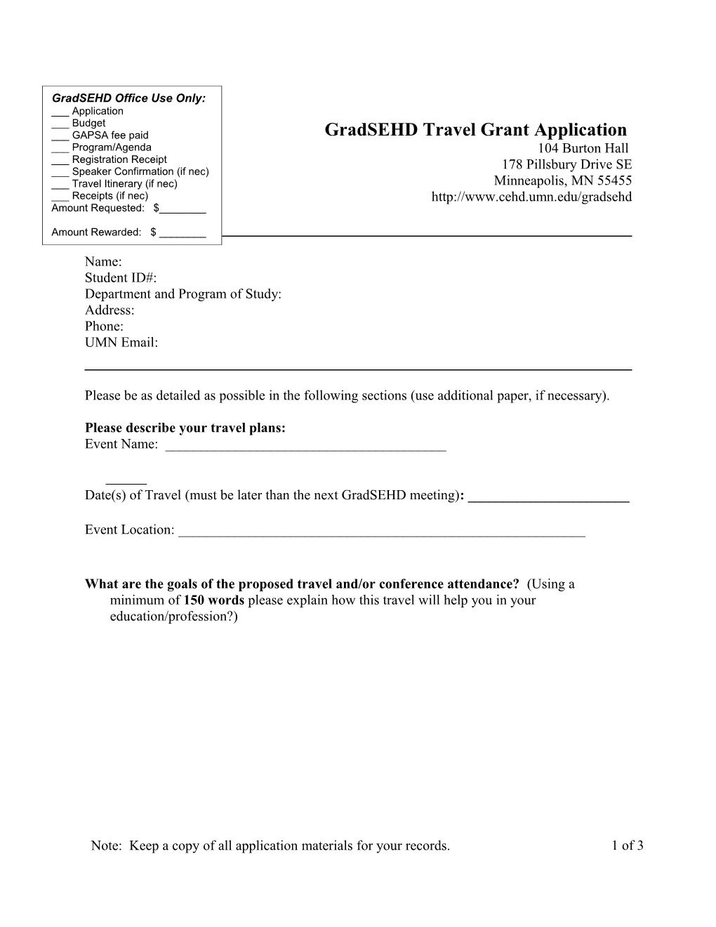 Gradsehd Travel Grant Application