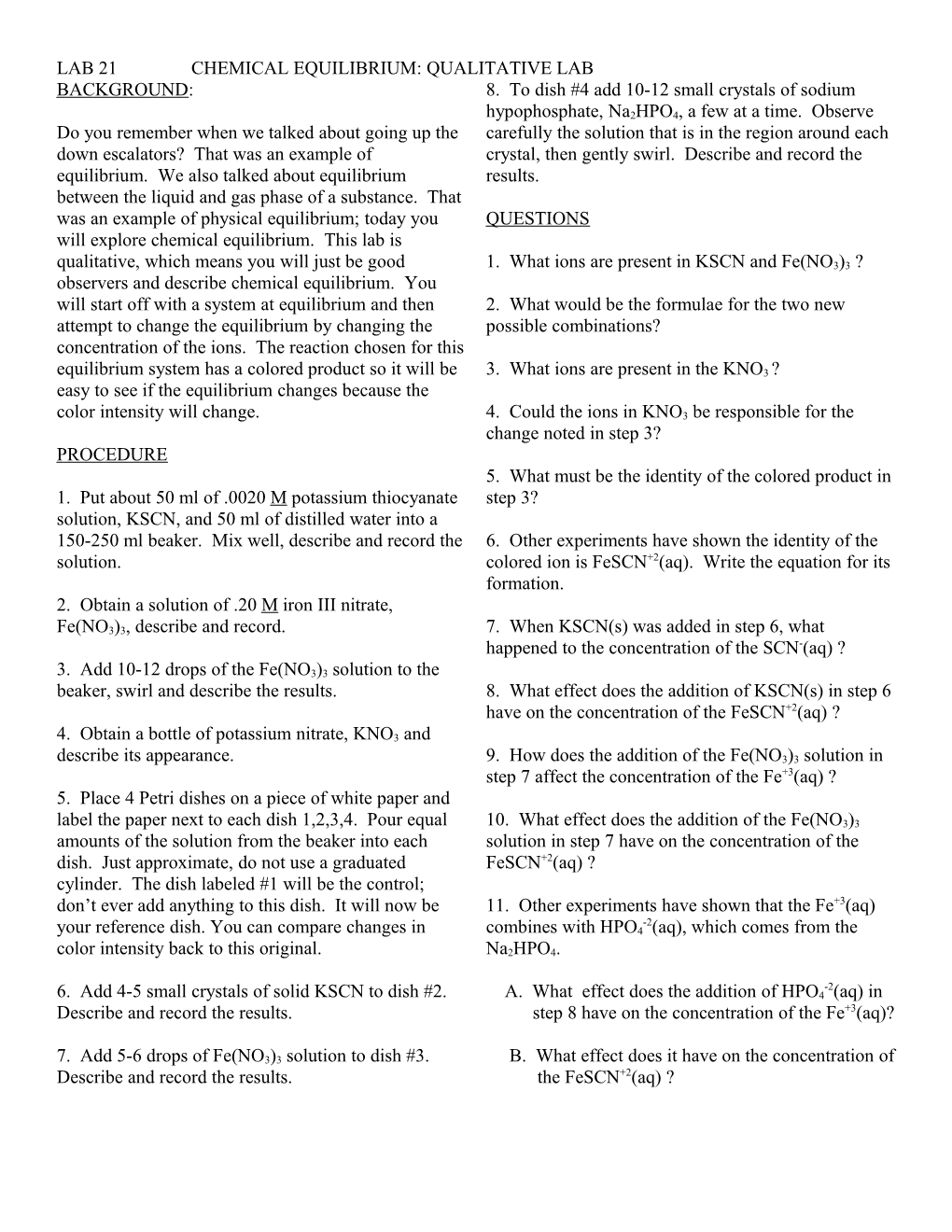 Lab 21 Chemical Equilibrium: Qualitative Lab