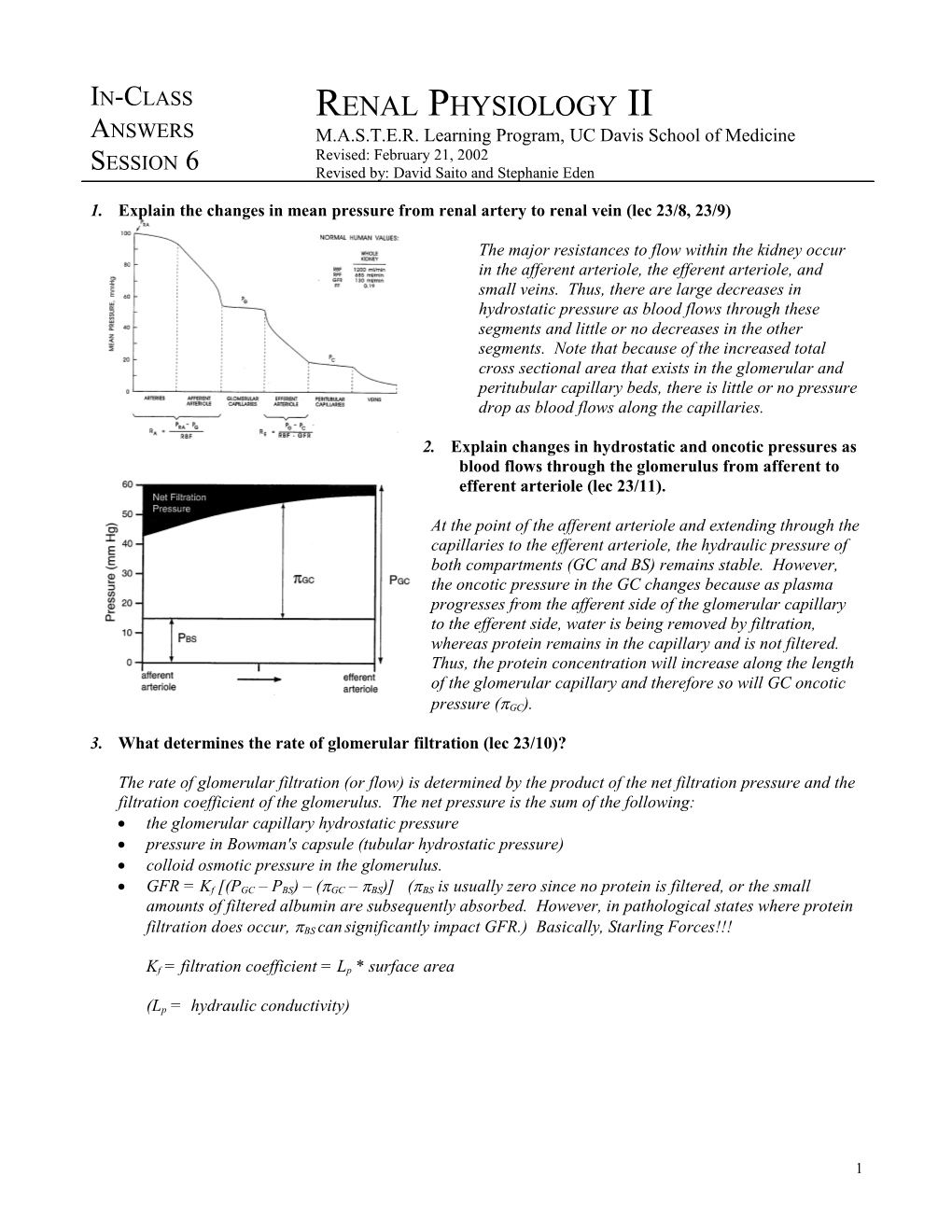 1. Explain the Changes in Mean Pressure from Renal Artery to Renal Vein (Lec 23/8, 23/9)