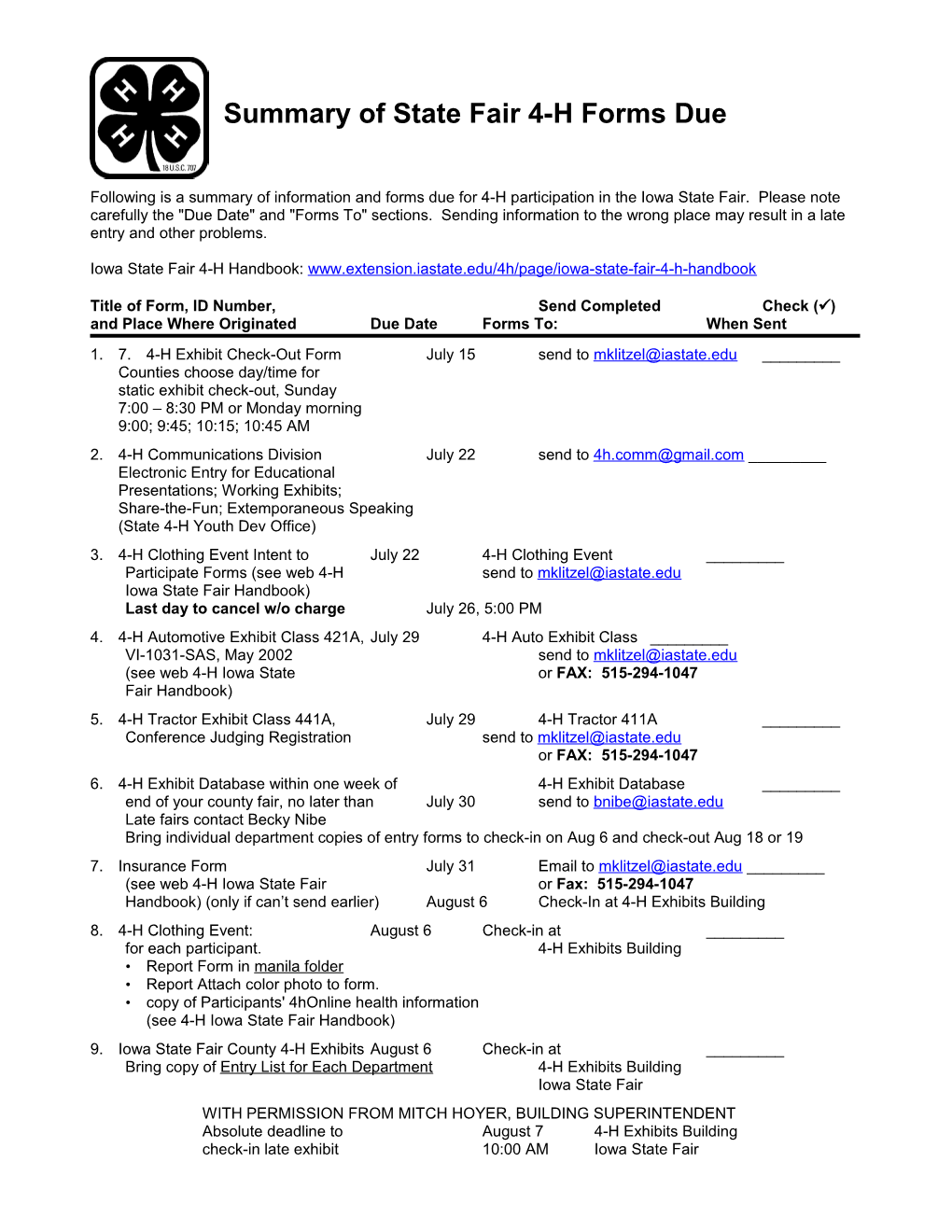 Summary of State Fair 4-H Forms Due