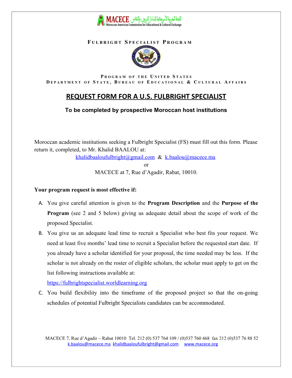 Request Form for a U.S. Fulbright Specialist