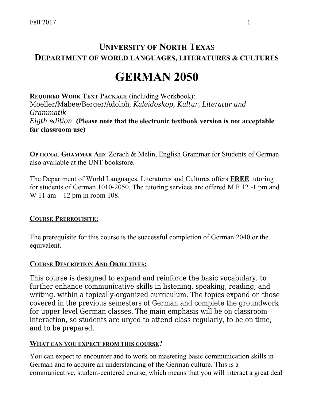 University of North Texa S Department of World Languages, Literatures & Cultures German 2050