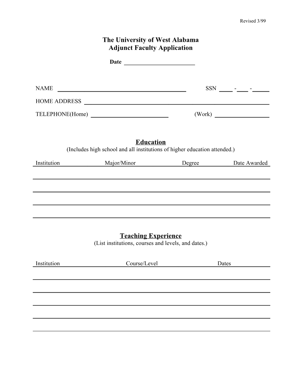 Adjunct Faculty Application