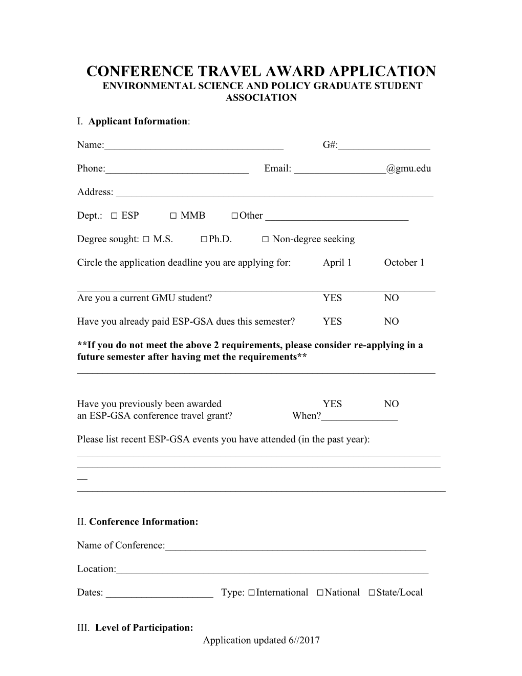 Conference Travel Award Application
