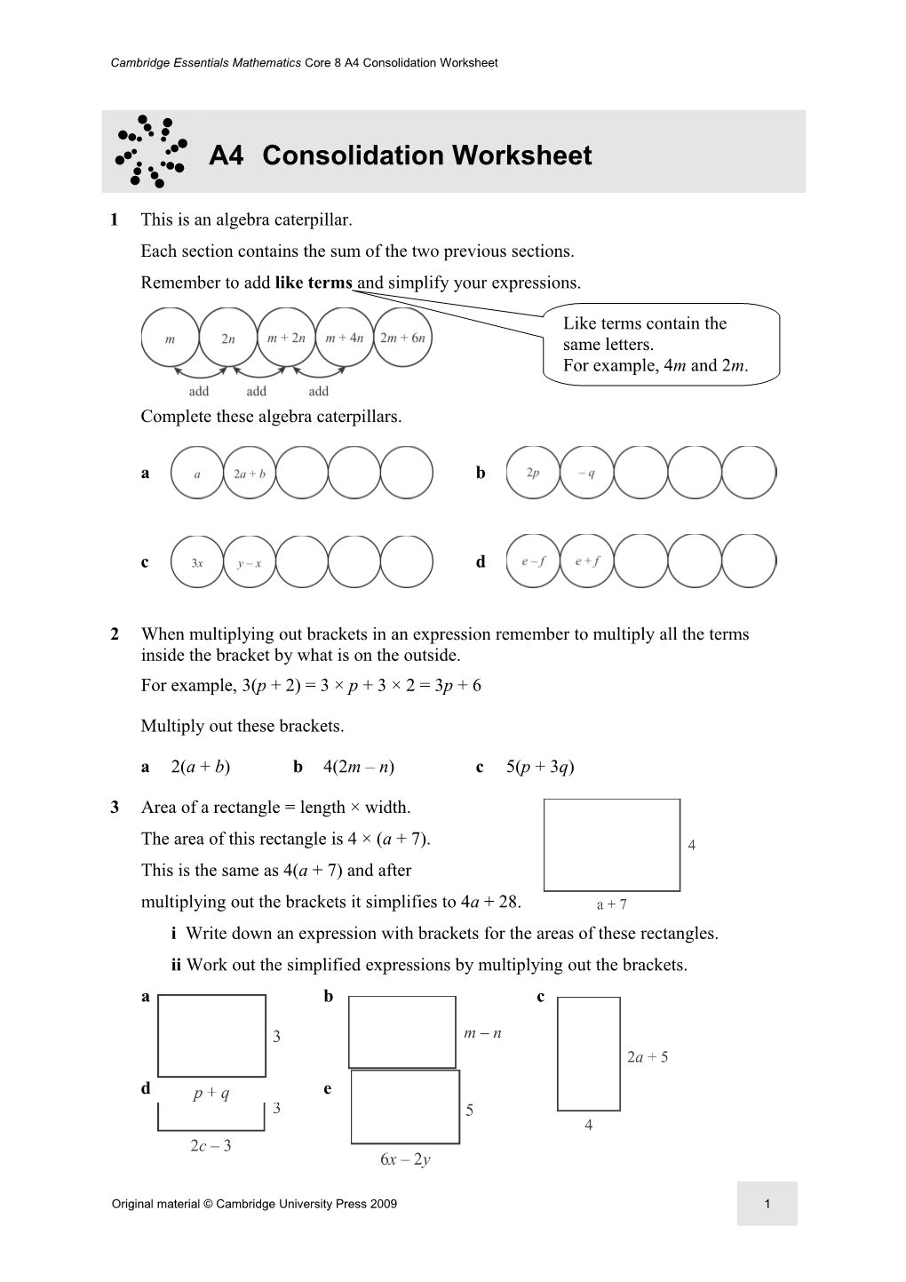 Cambridge Essentials Mathematics Core 8 A4 Consolidation Worksheet