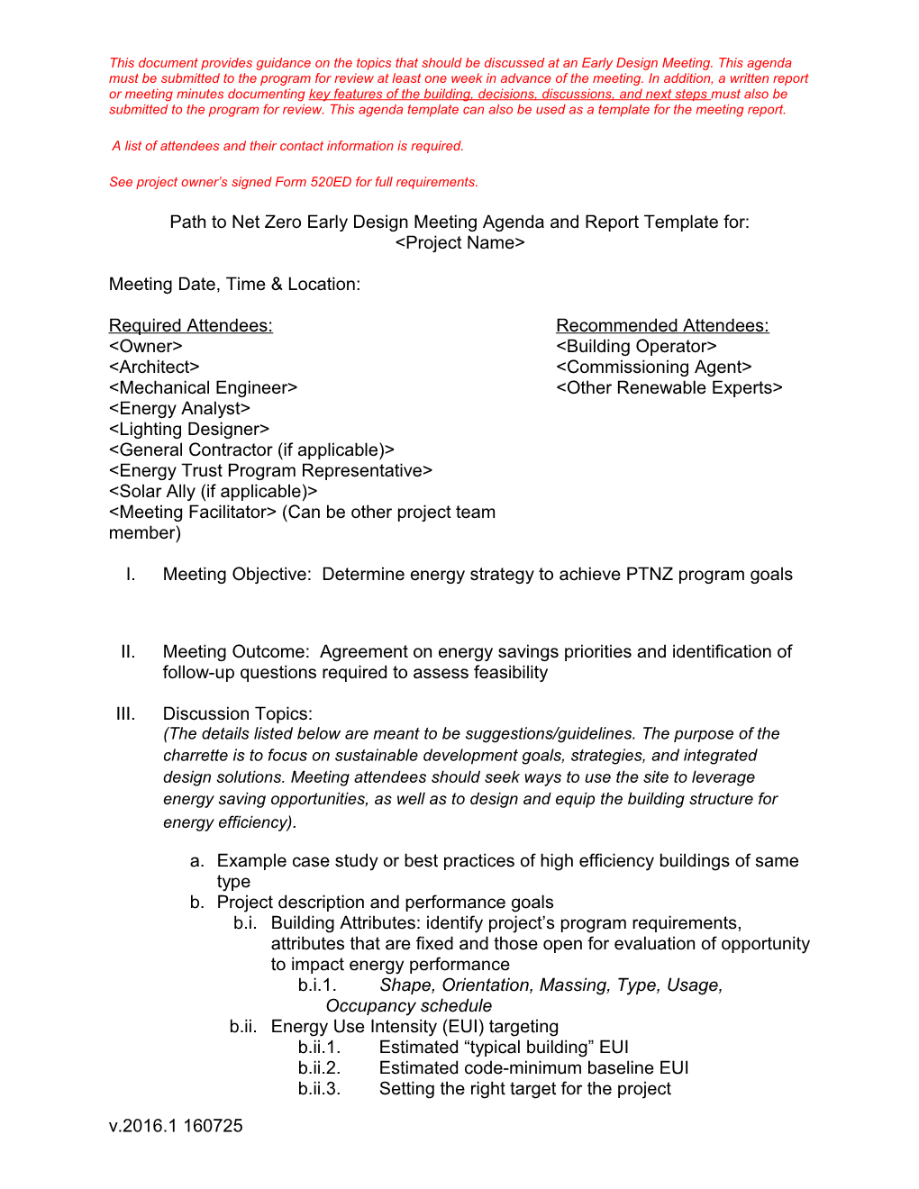 Path to Net Zero Early Design Meeting Agenda and Report Template For