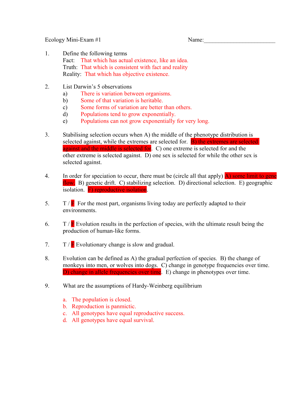 Ecology Mini-Exam #1