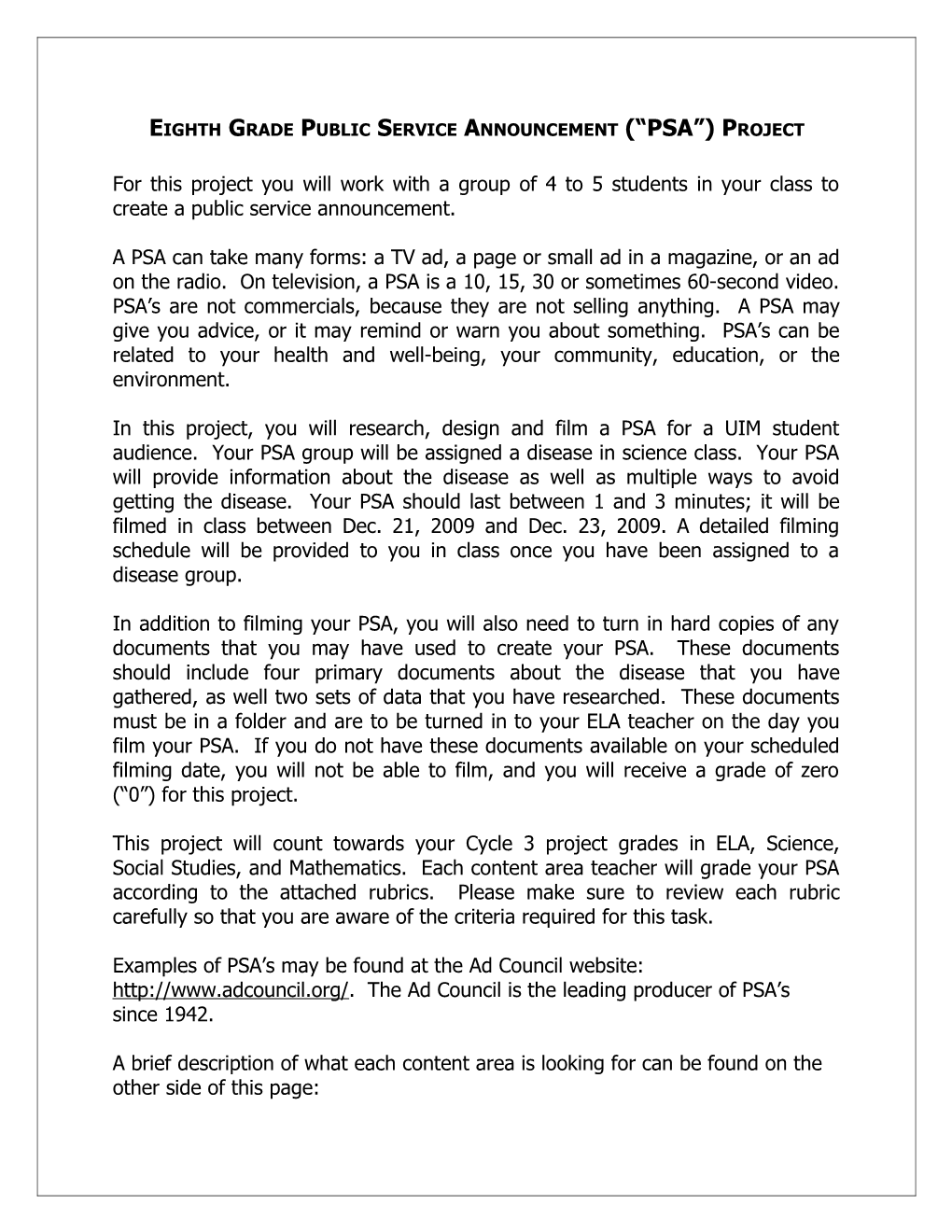 Eighth Grade Public Service Announcement ( Psa ) Project