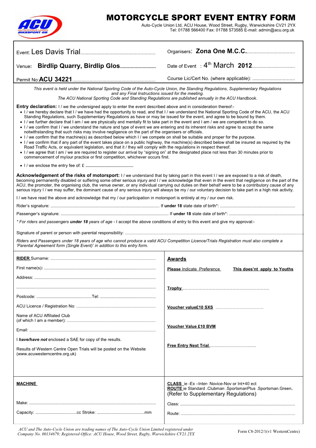 Motorcycle Sport Event Entry Form