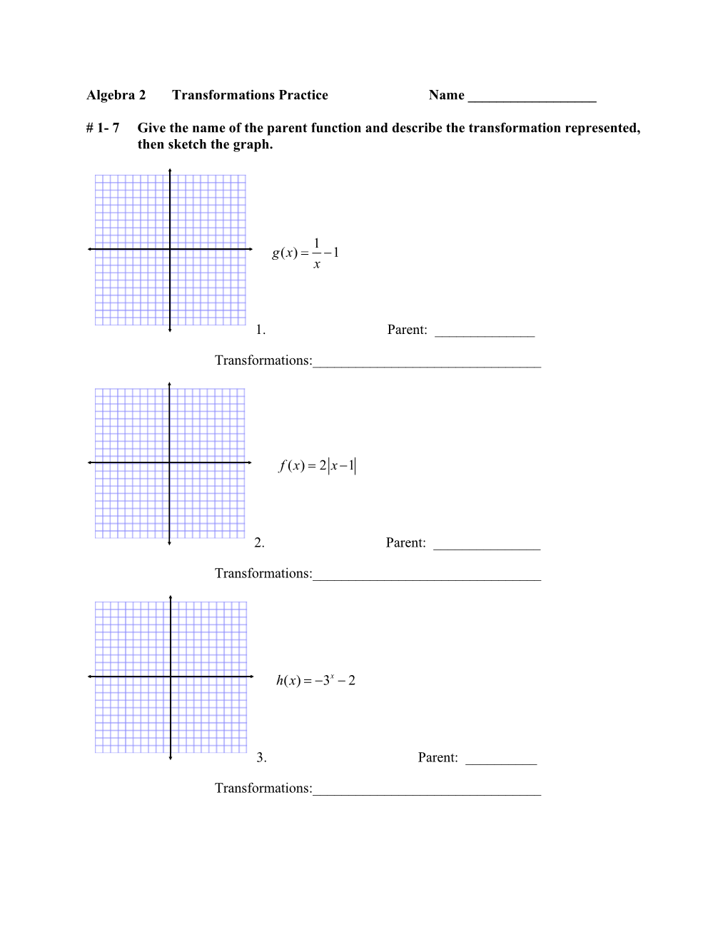 Parent Function Worksheet 1