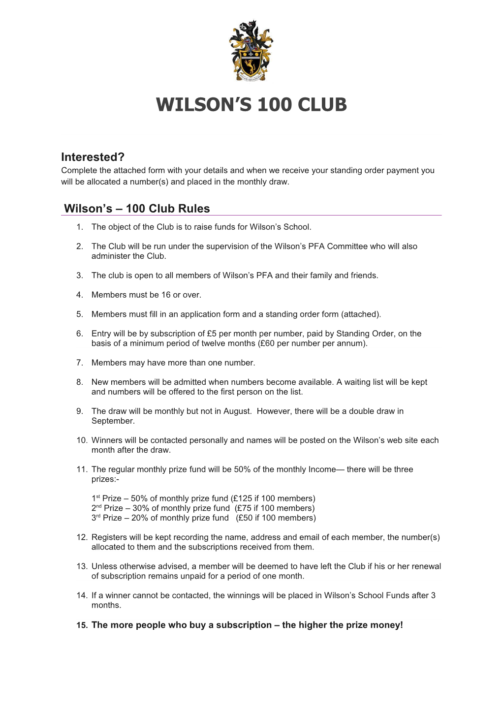 Wilson S 100 Club Rules