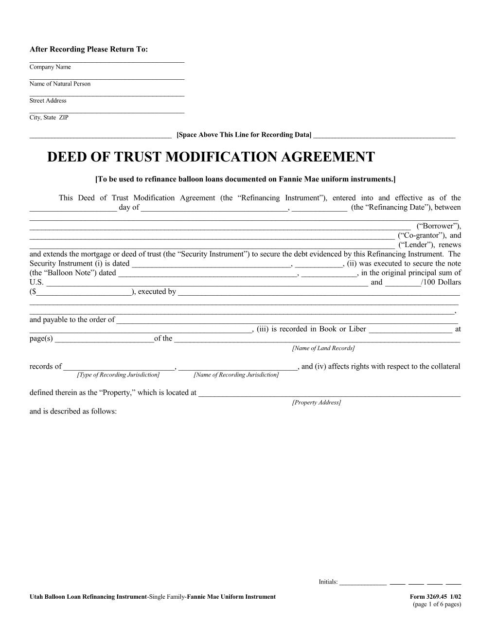 Utah Balloon Loan Refinancing Instrument (Form 3269.45): Word