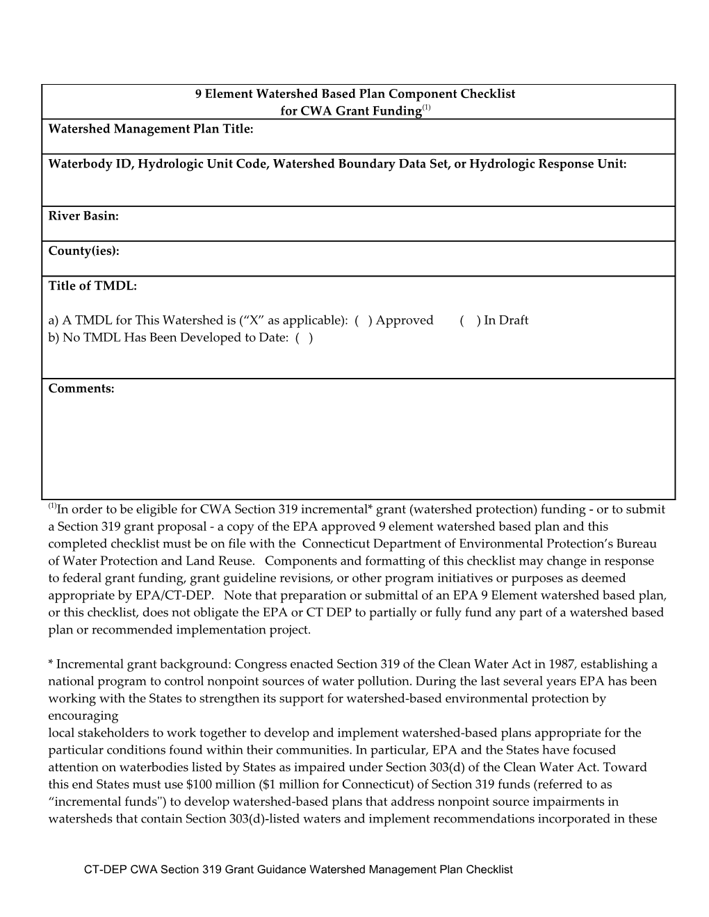 Section 319 Watershed Management Plan Checklist