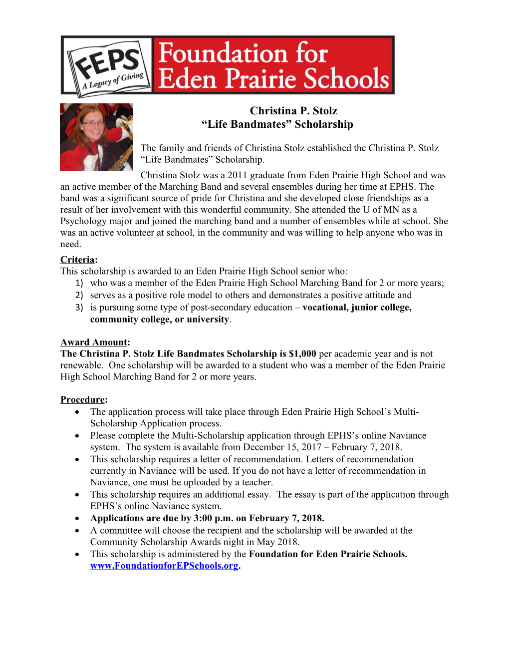 This Scholarship Is Awarded to an Eden Prairie High School Senior Who