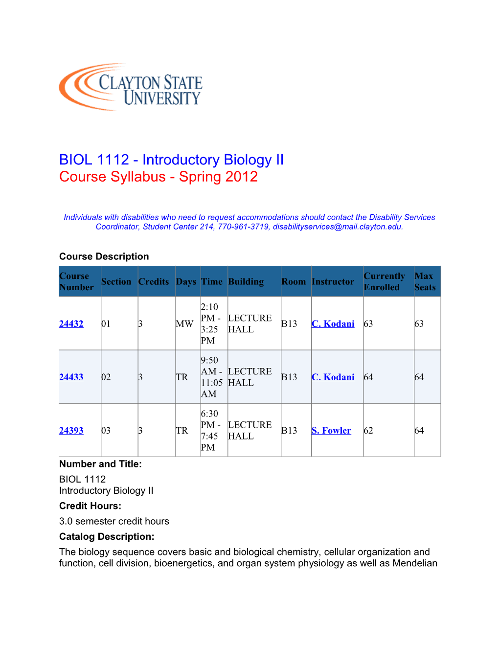 BIOL 1112 - Introductory Biology II Course Syllabus - Spring 2012