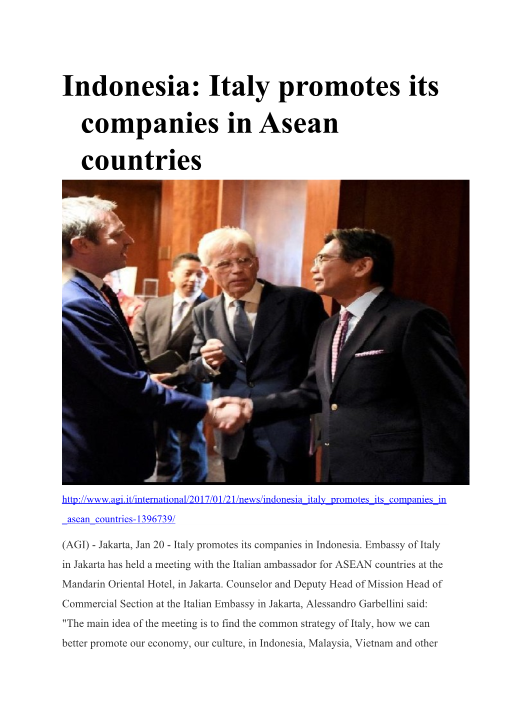 Indonesia: Italy Promotes Its Companies in Asean Countries