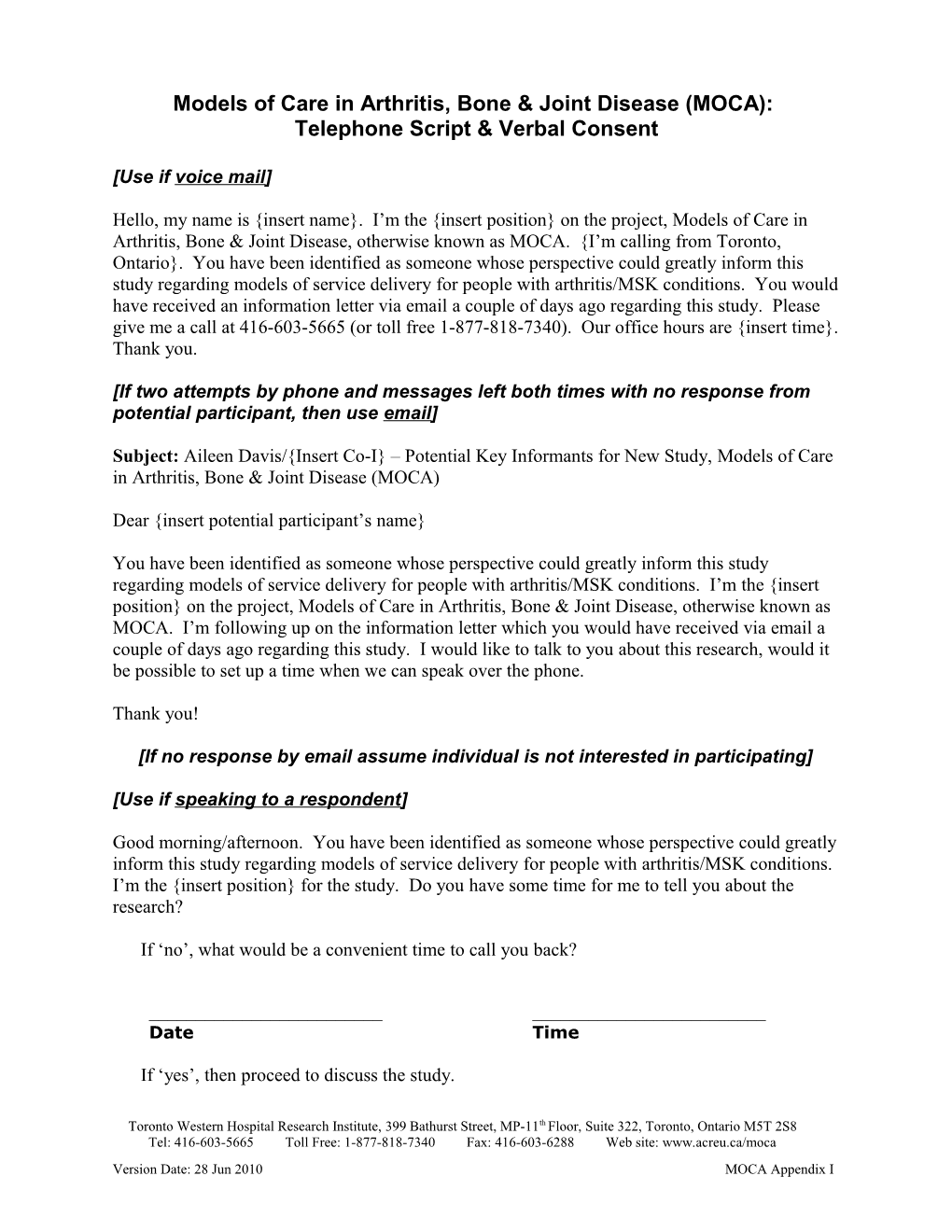 Models of Care in Arthritis, Bone & Joint Disease (MOCA): Telephone Script & Verbal Consent