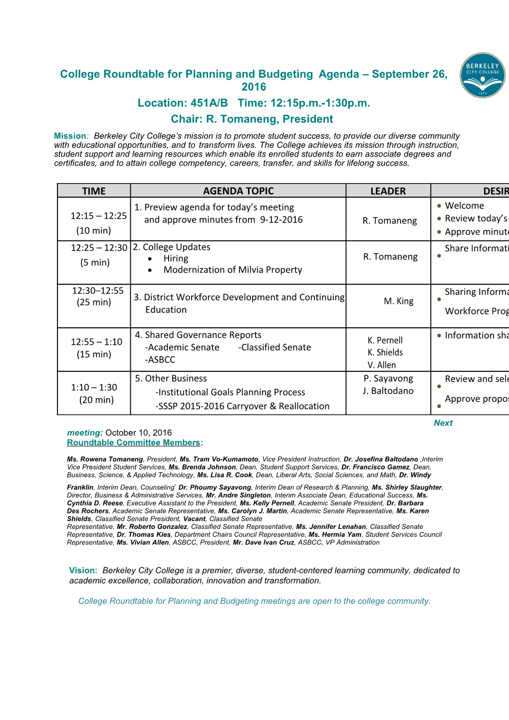 College Roundtable for Planning and Budgeting Agenda September 26, 2016