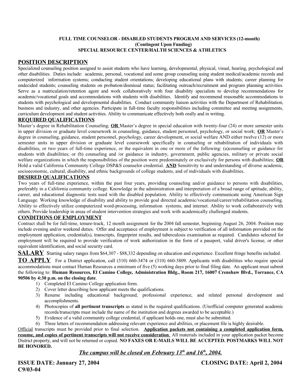 FULLTIME COUNSELOR - DISABLED STUDENTS PROGRAM and SERVICES (12-Month)