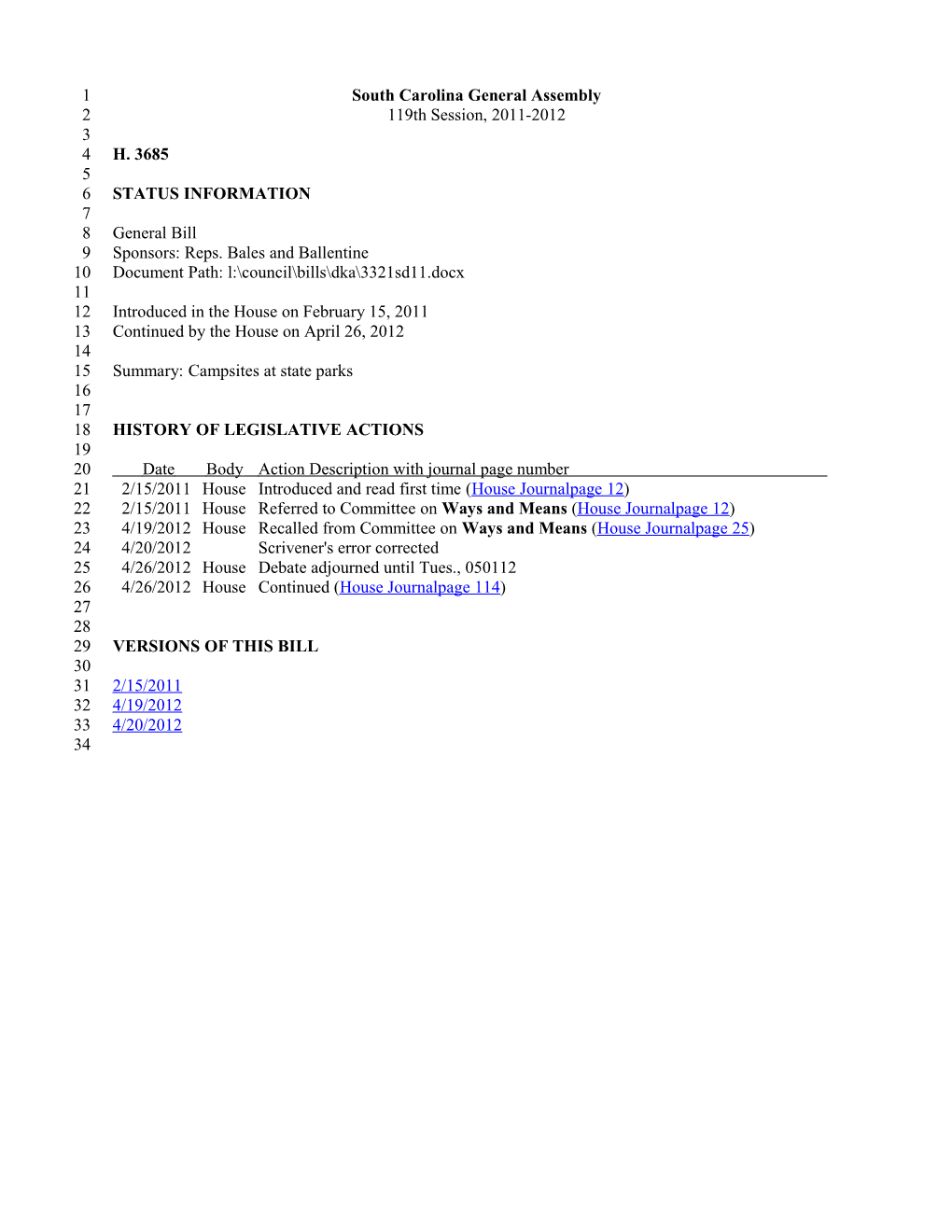 2011-2012 Bill 3685: Campsites at State Parks - South Carolina Legislature Online