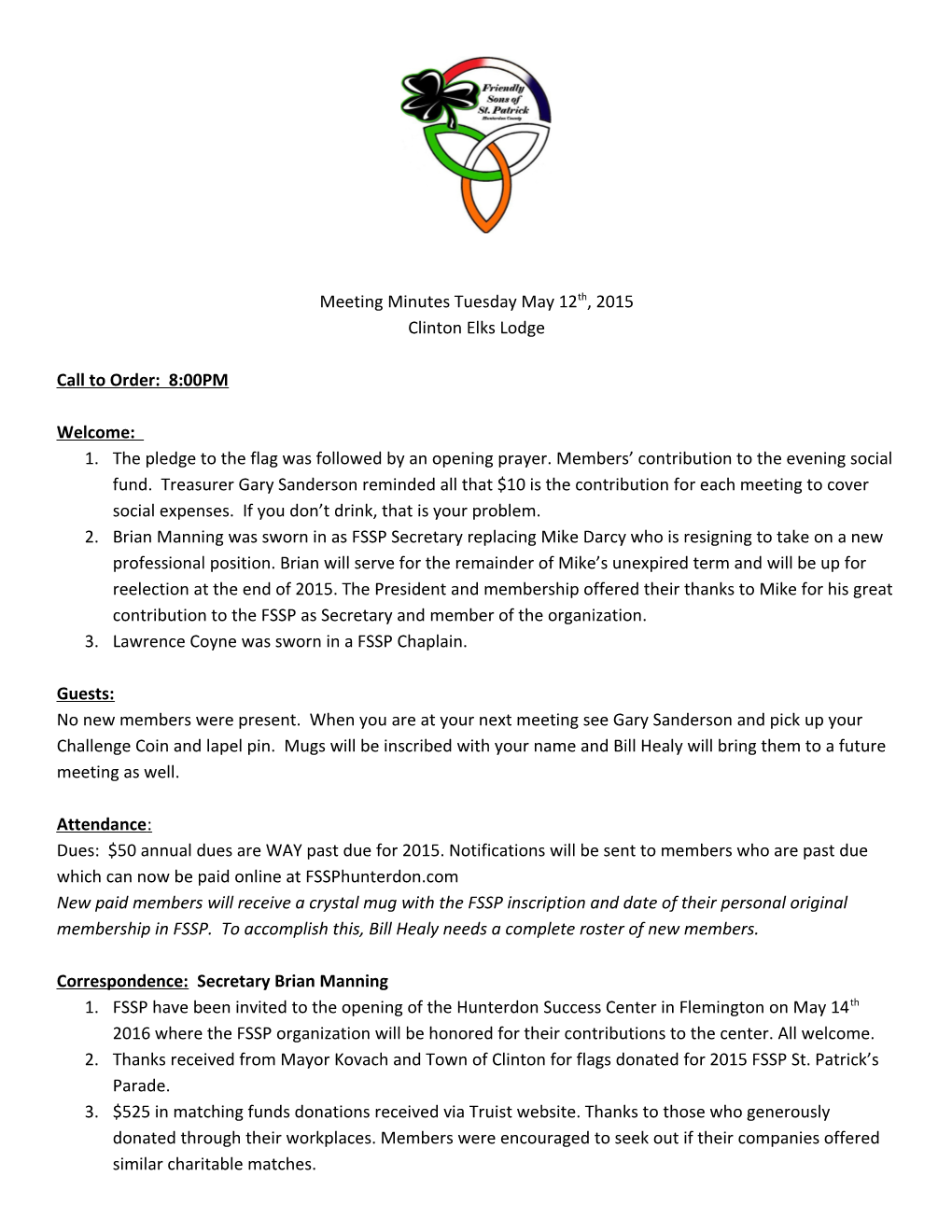 Meeting Minutes Tuesday May 12Th, 2015