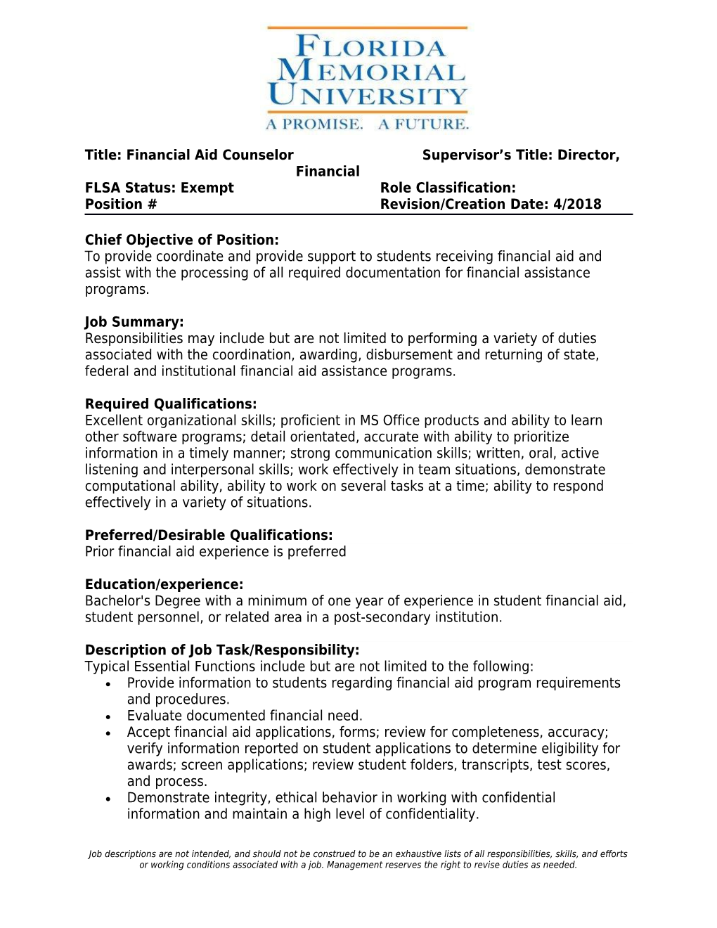 Title:Financial Aid Counselor Supervisor S Title: Director, Financial