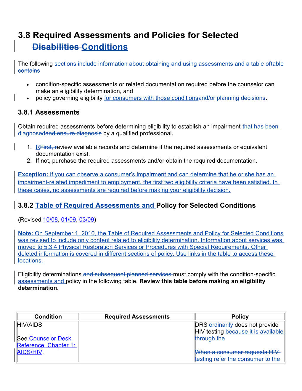 3.8 Required Assessments and Policies for Selected Disabilities Conditions