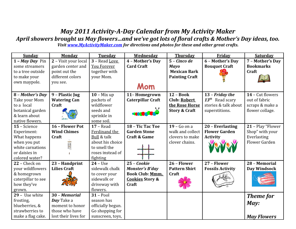 May 2011 Activity-A-Day Calendar from My Activity Maker