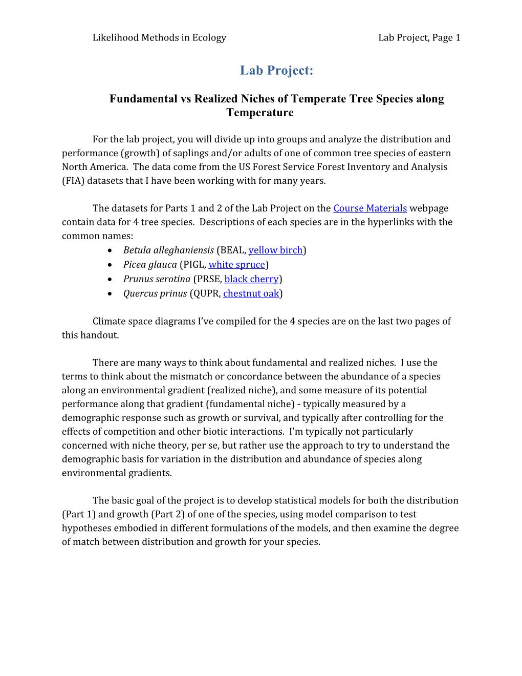 Fundamental Vs Realized Niches of Temperate Tree Species Along Temperature