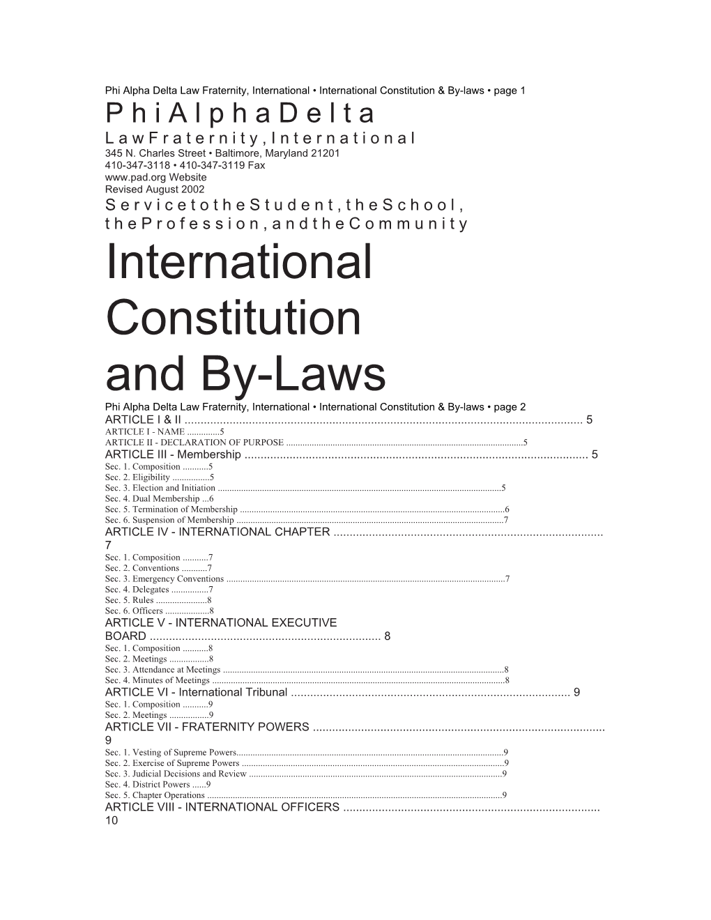 Phi Alpha Delta Law Fraternity, International International Constitution & By-Laws Page 1