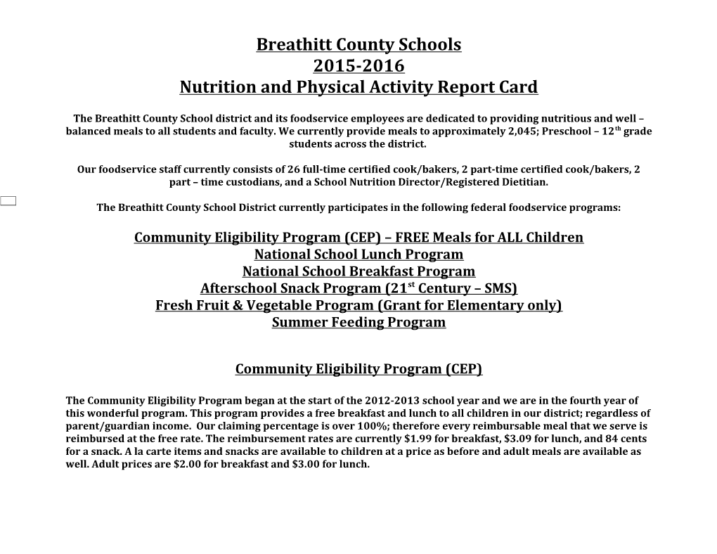 Nutrition and Physical Activity Report Card