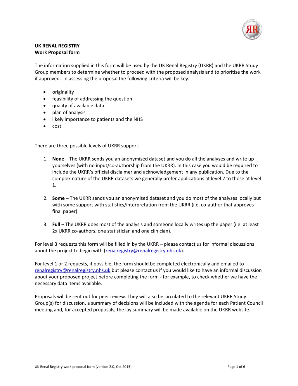 UK RENAL REGISTRY Workproposal Form