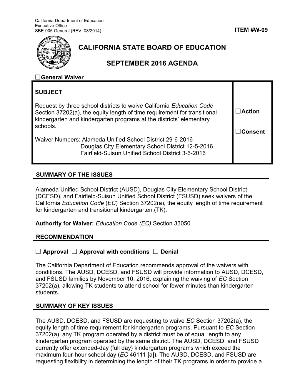 September 2016 Waiver Item W-09 - Meeting Agendas (CA State Board of Education)