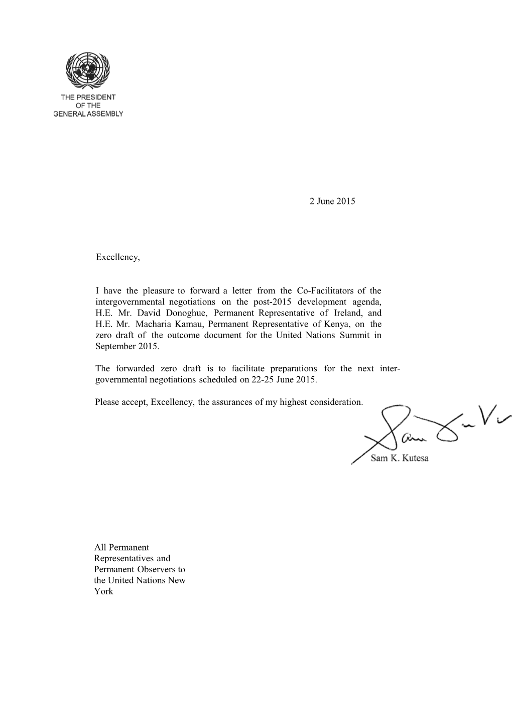 I Have the Pleasure to Forward a Letter from the Co-Facilitators of the Intergovernmental