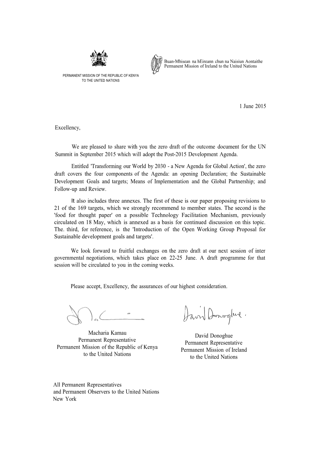 I Have the Pleasure to Forward a Letter from the Co-Facilitators of the Intergovernmental