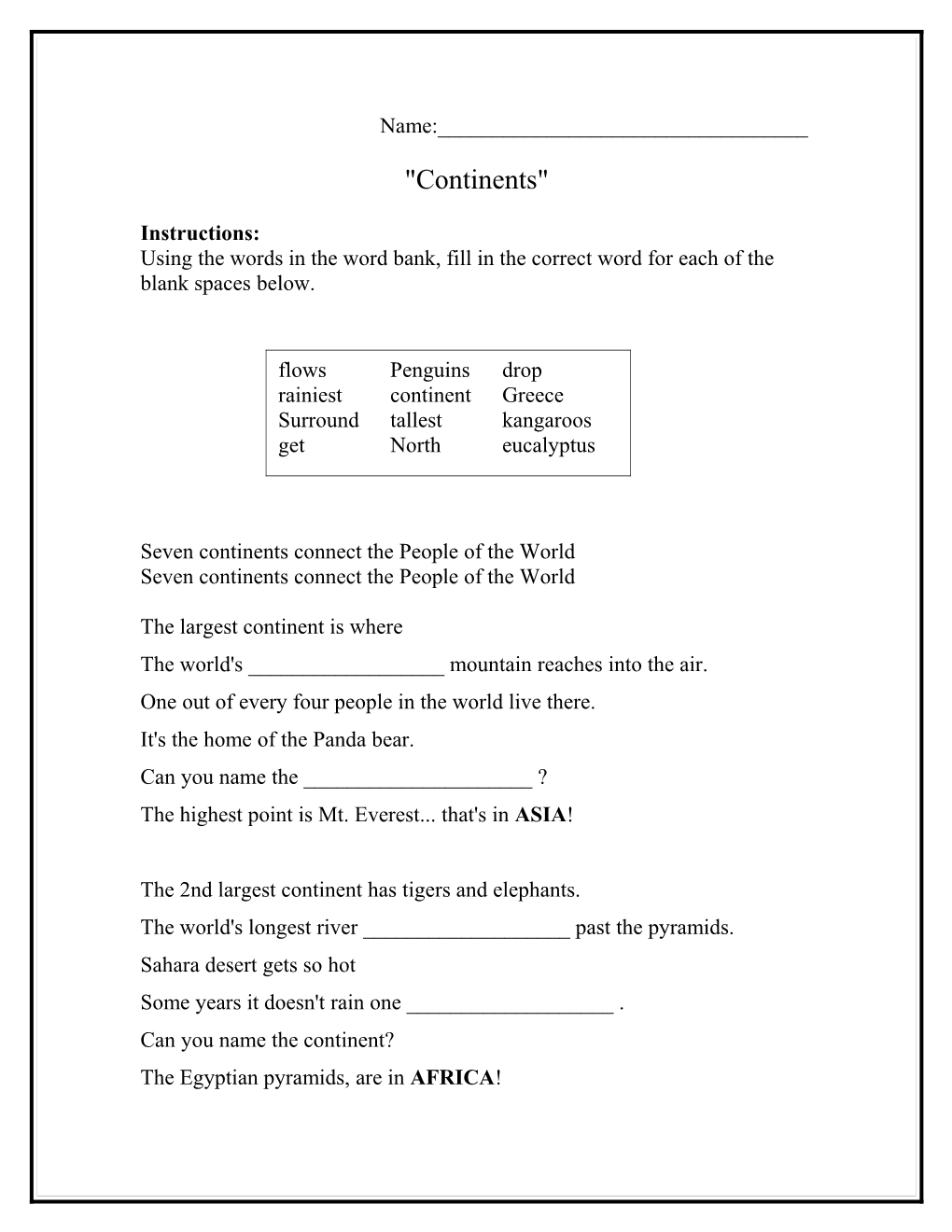 Continents Cloze Reading Exercise