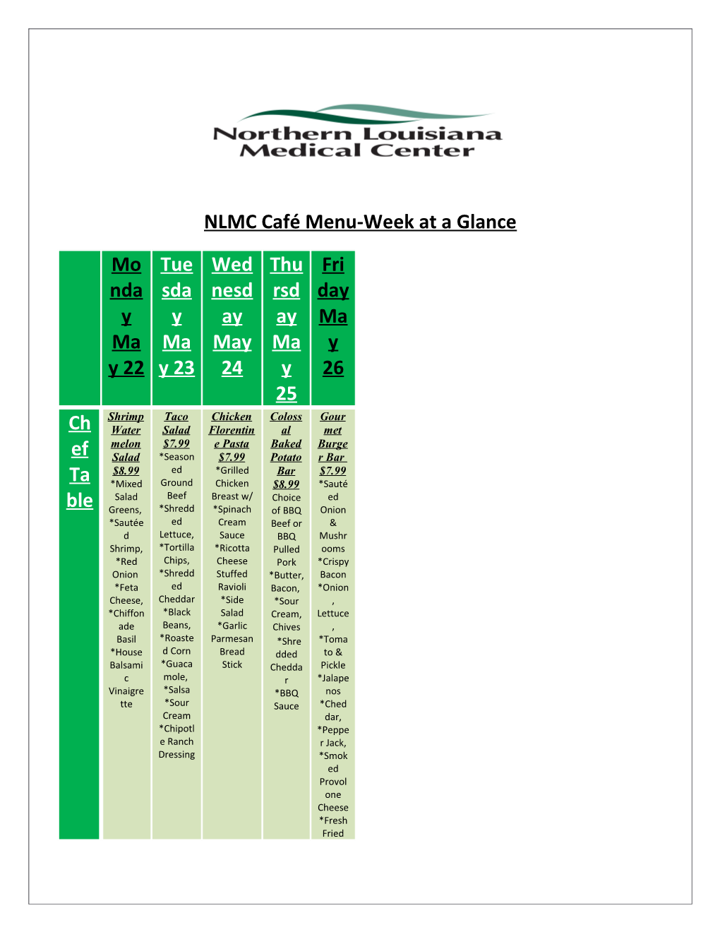 NLMC Café Menu-Week at a Glance