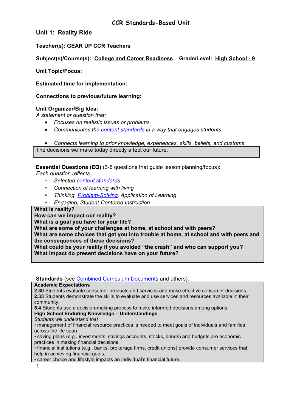 Part 1: Unit Planning Template