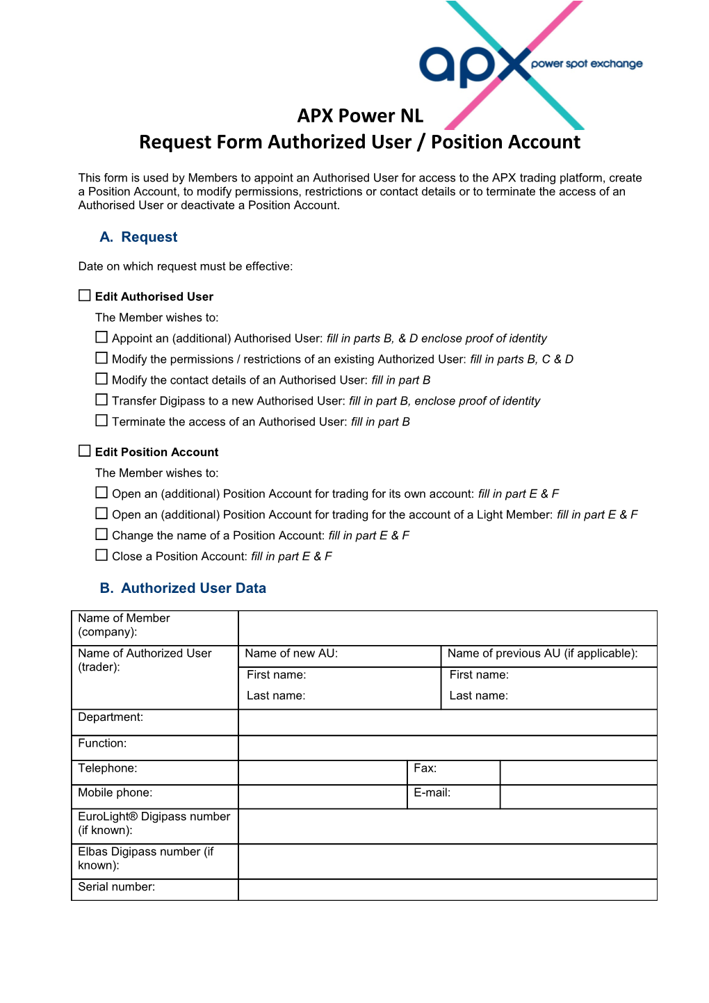 Request Form Authorized User / Position Account