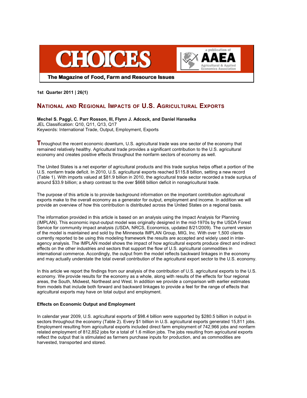 1St Quarter 2011 26(1) National and Regional Impacts of U.S. Agricultural Exports Mechel