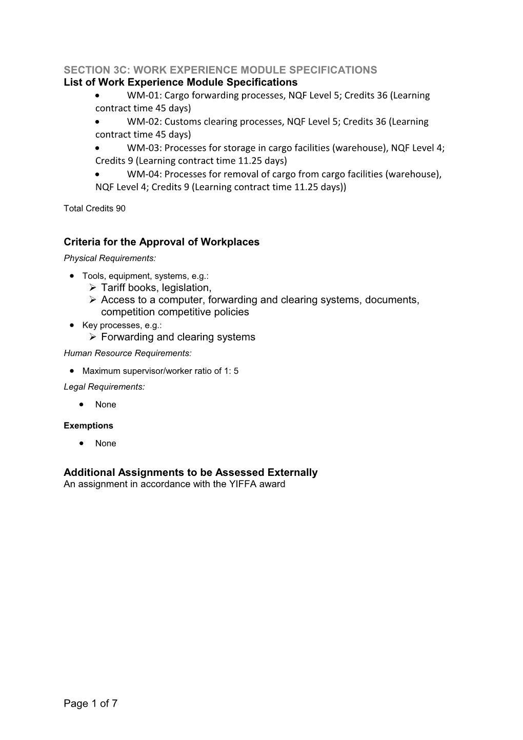 Section 3C: Work Experience Module Specifications