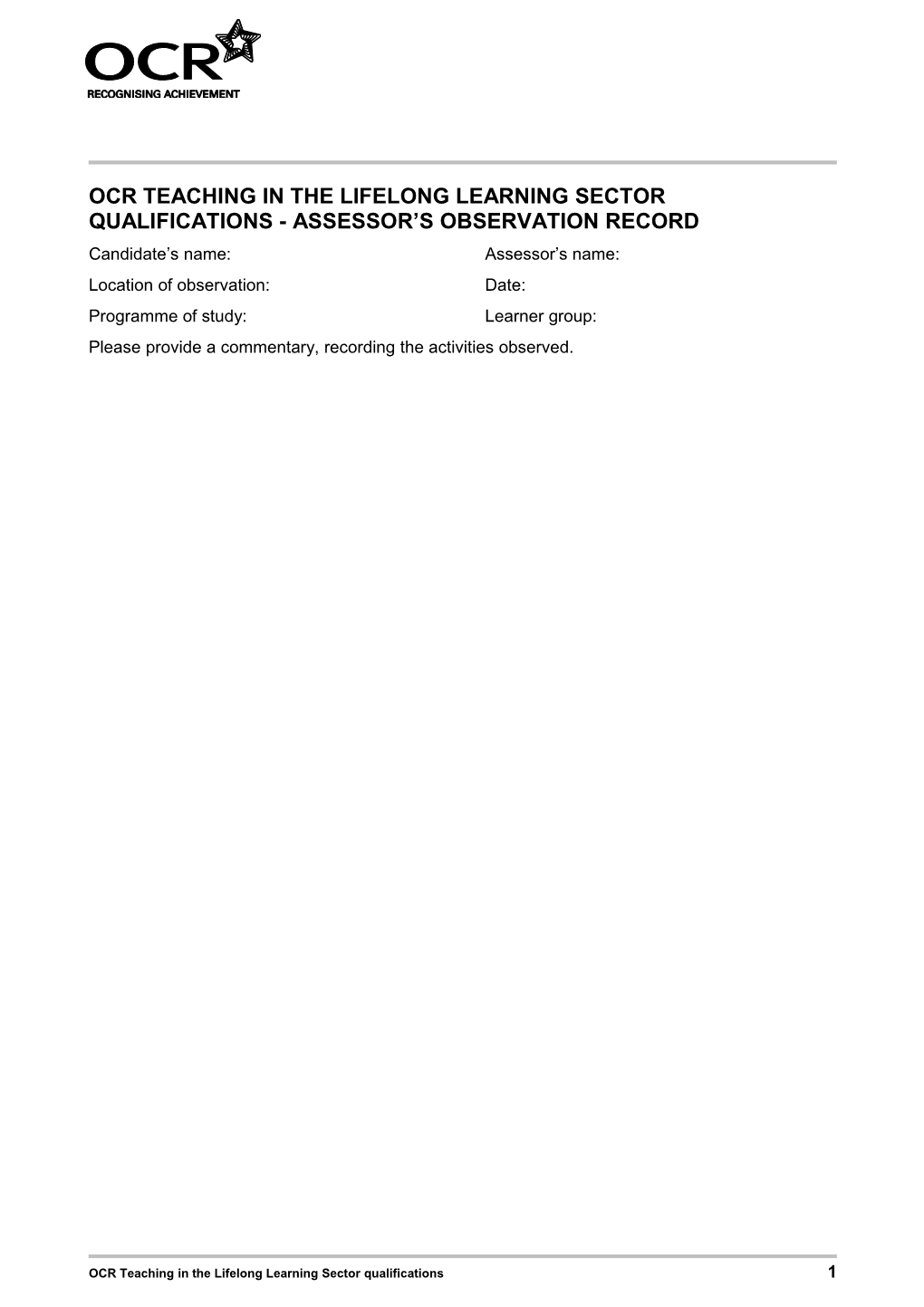 Ocr Teaching in the Lifelong Learning Sector Qualifications - Assessor S Observation Record