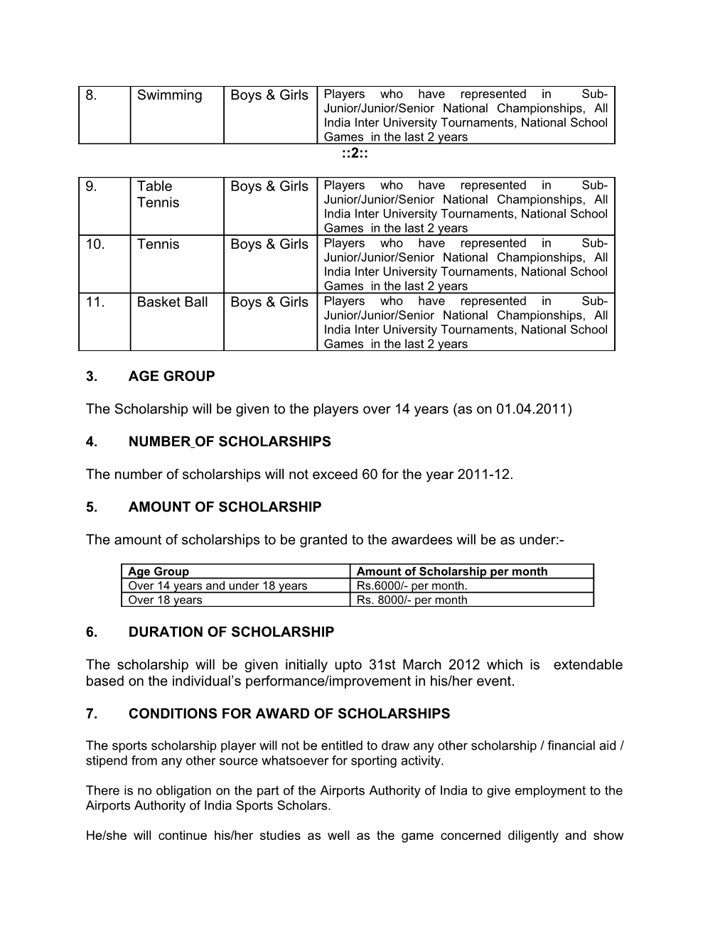 Sports Scholarship Scheme for Outstanding Sportspersons for the Financial Year 2011-2012