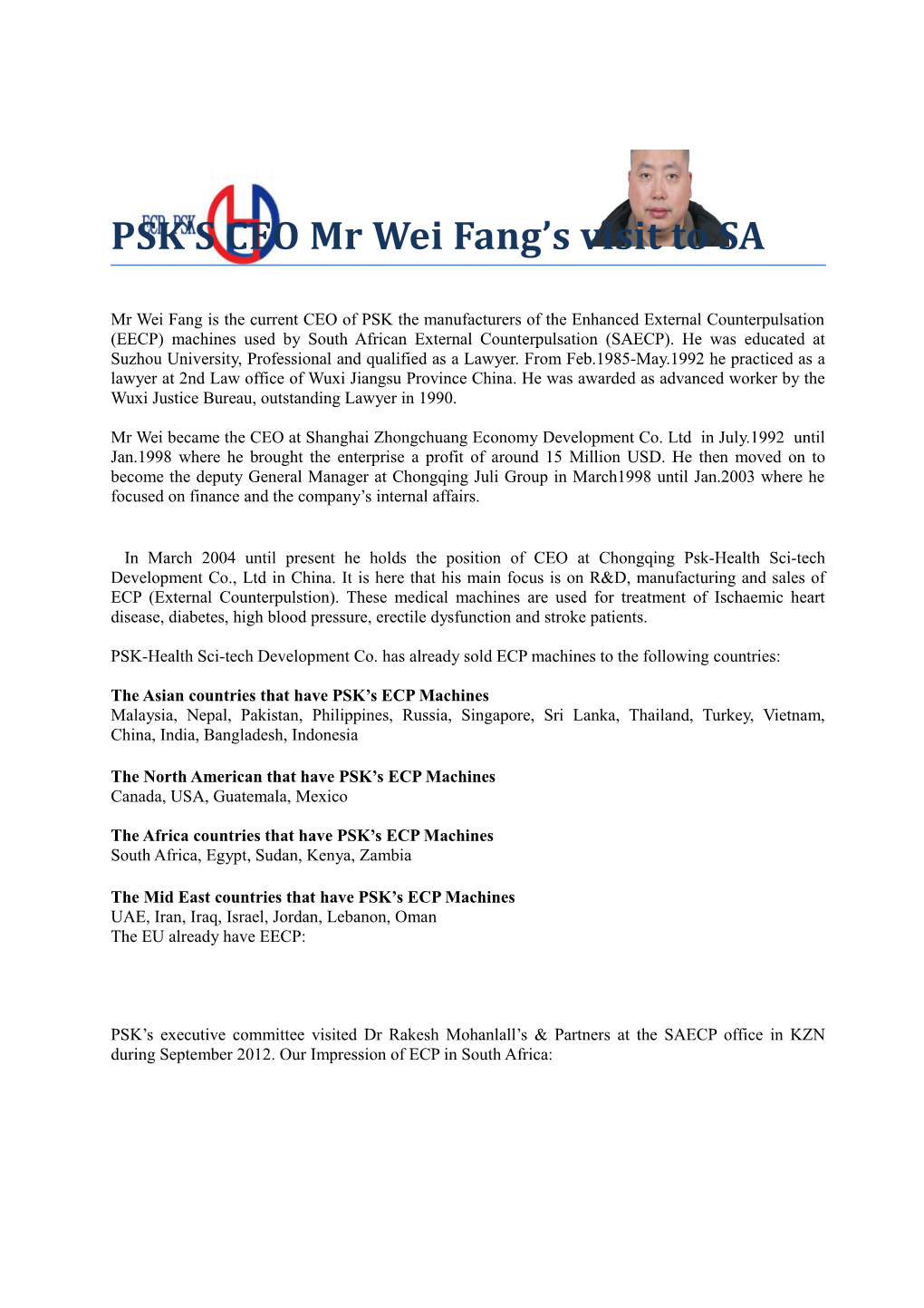 PSK S CEO Mr Wei Fang S Visit to SA