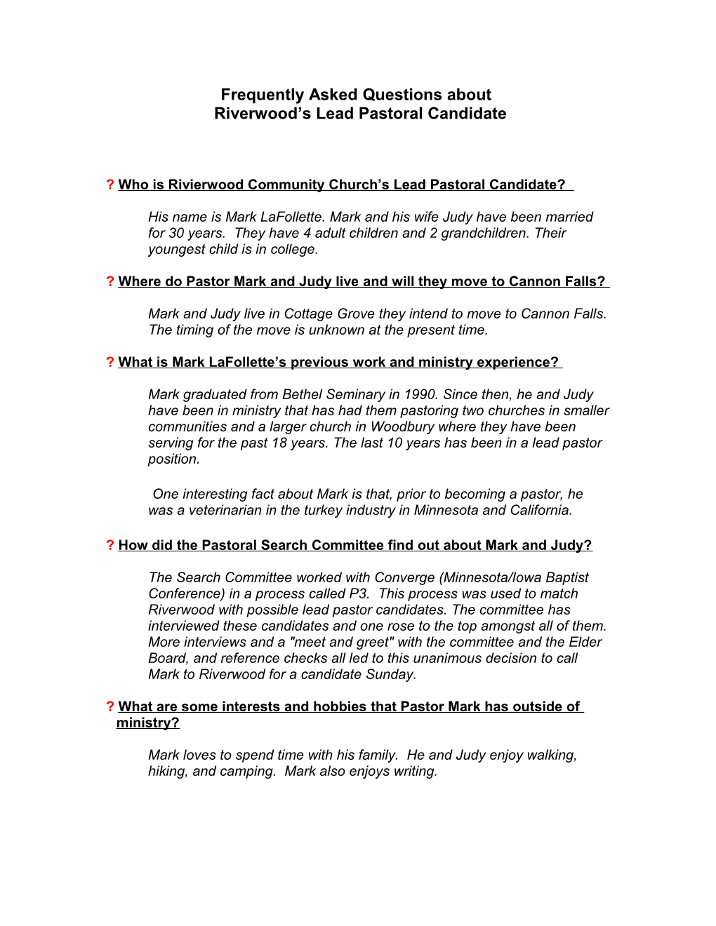 Frequently Asked Questions About Pastoral Candidate