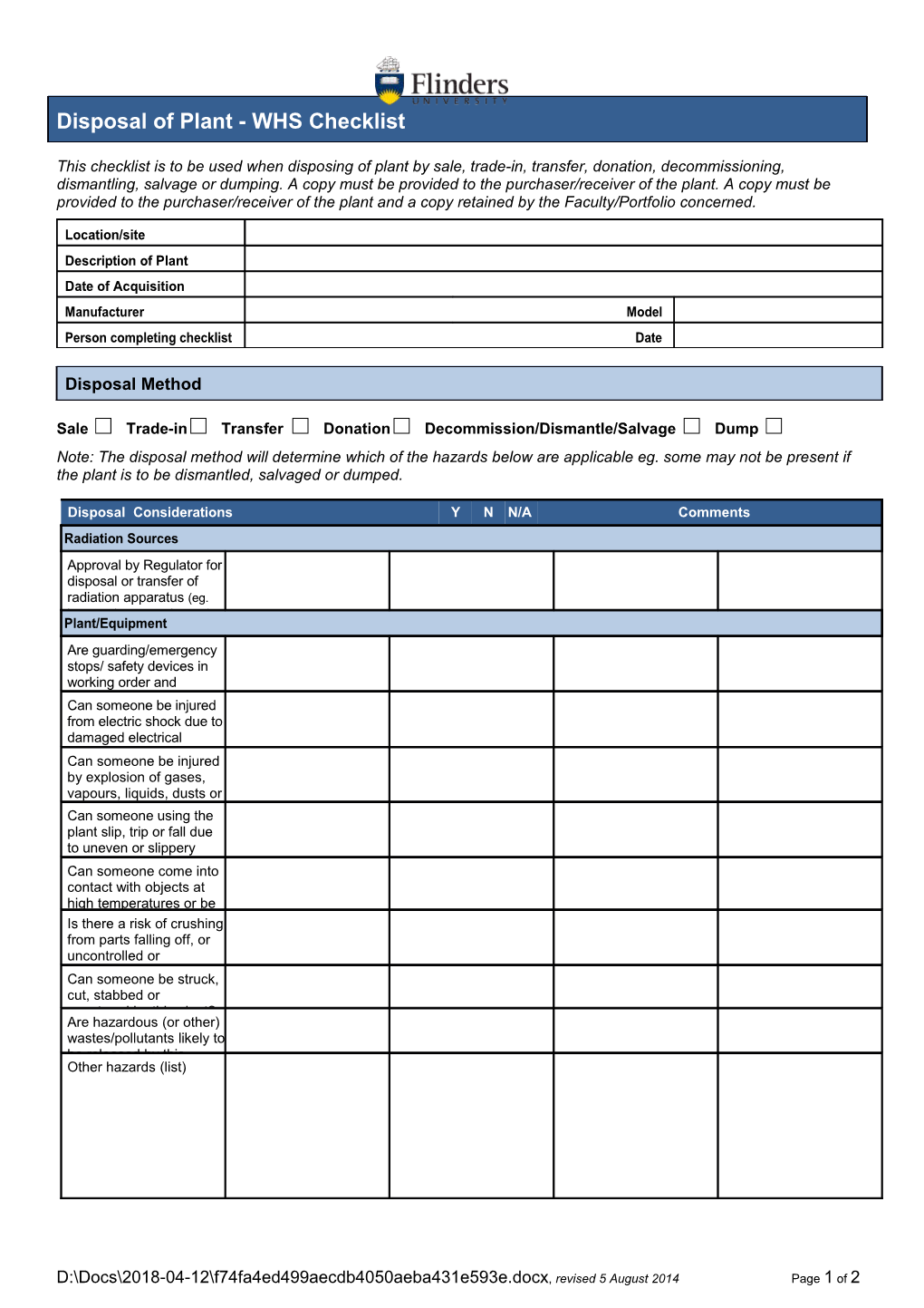 Disposal of Plant - WHS Checklist