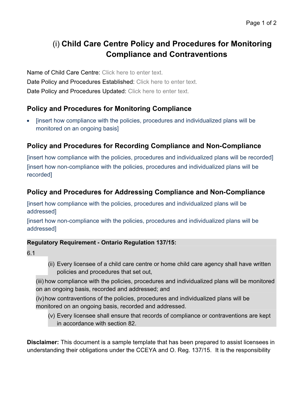 Child Care Centrepolicy and Proceduresfor Monitoring Compliance and Contraventions