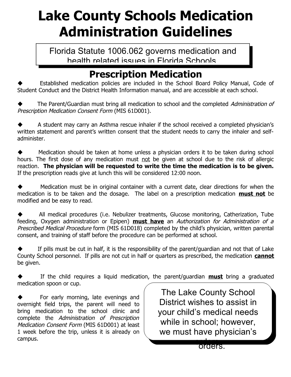 Lake County Schools Medication Administration Guidelines