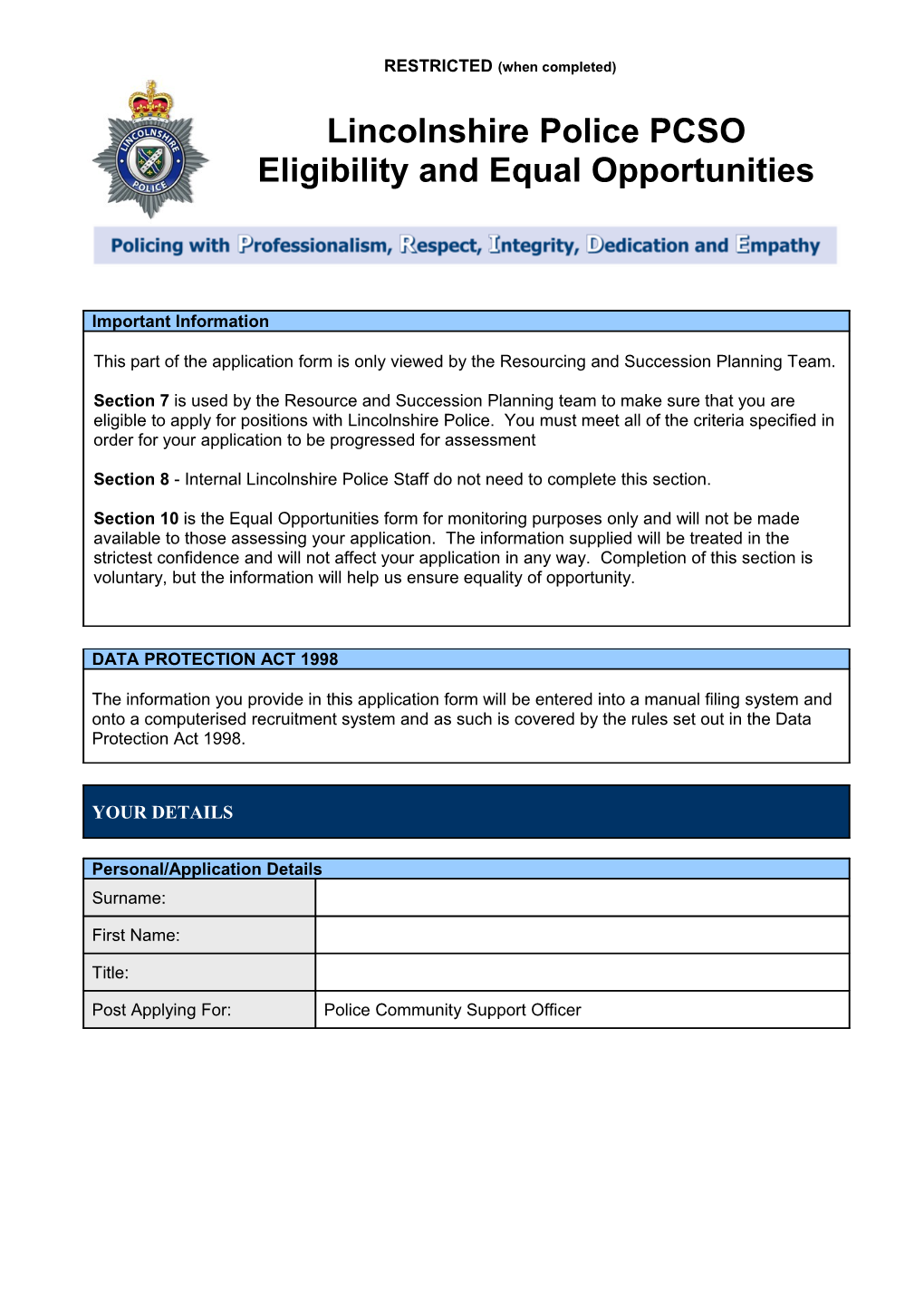 Section 8: ELIGIBILITY CRITERIA CHECKLIST