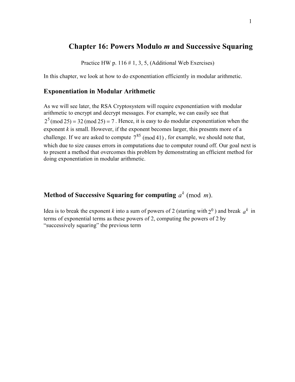 Chapter 16: Powers Modulo M and Successive Squaring